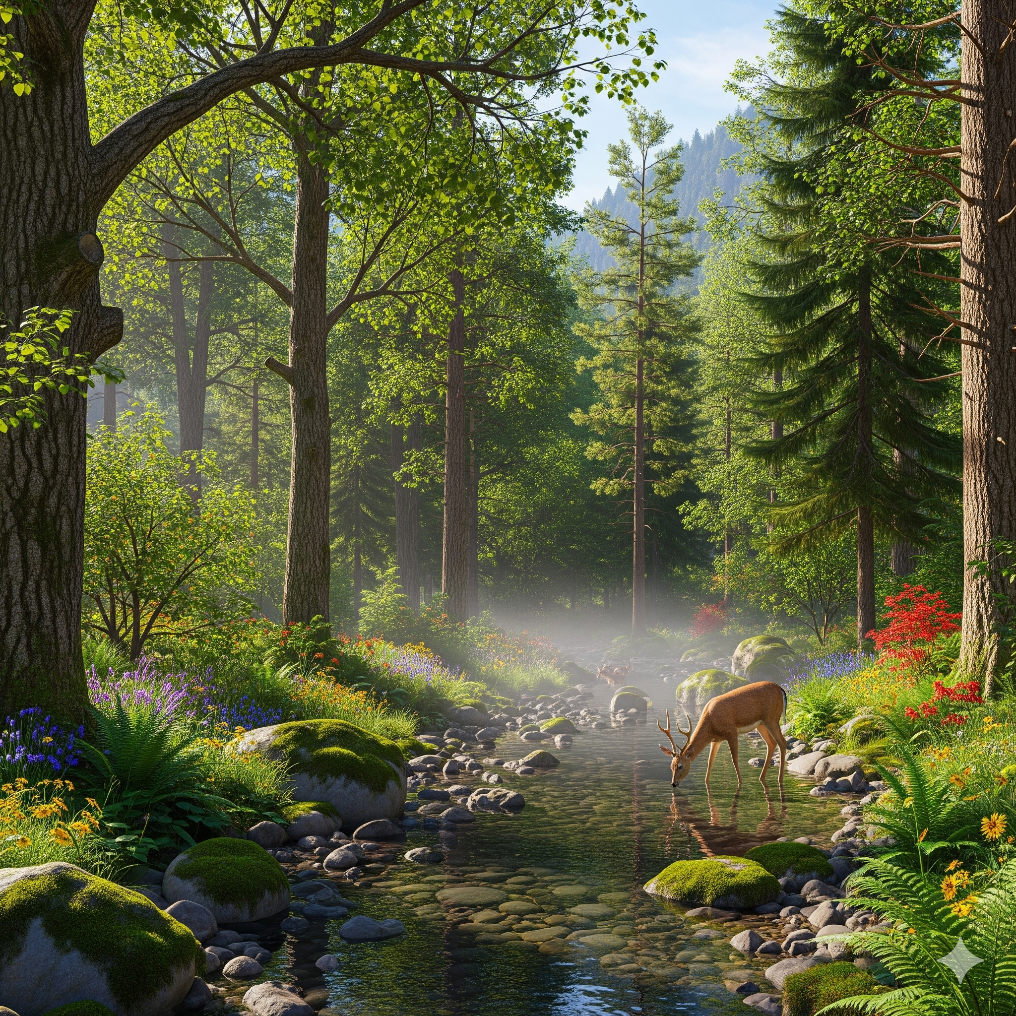 Image of a river, shrubs on the banks, large trees in the background, a deer drinking at the stream