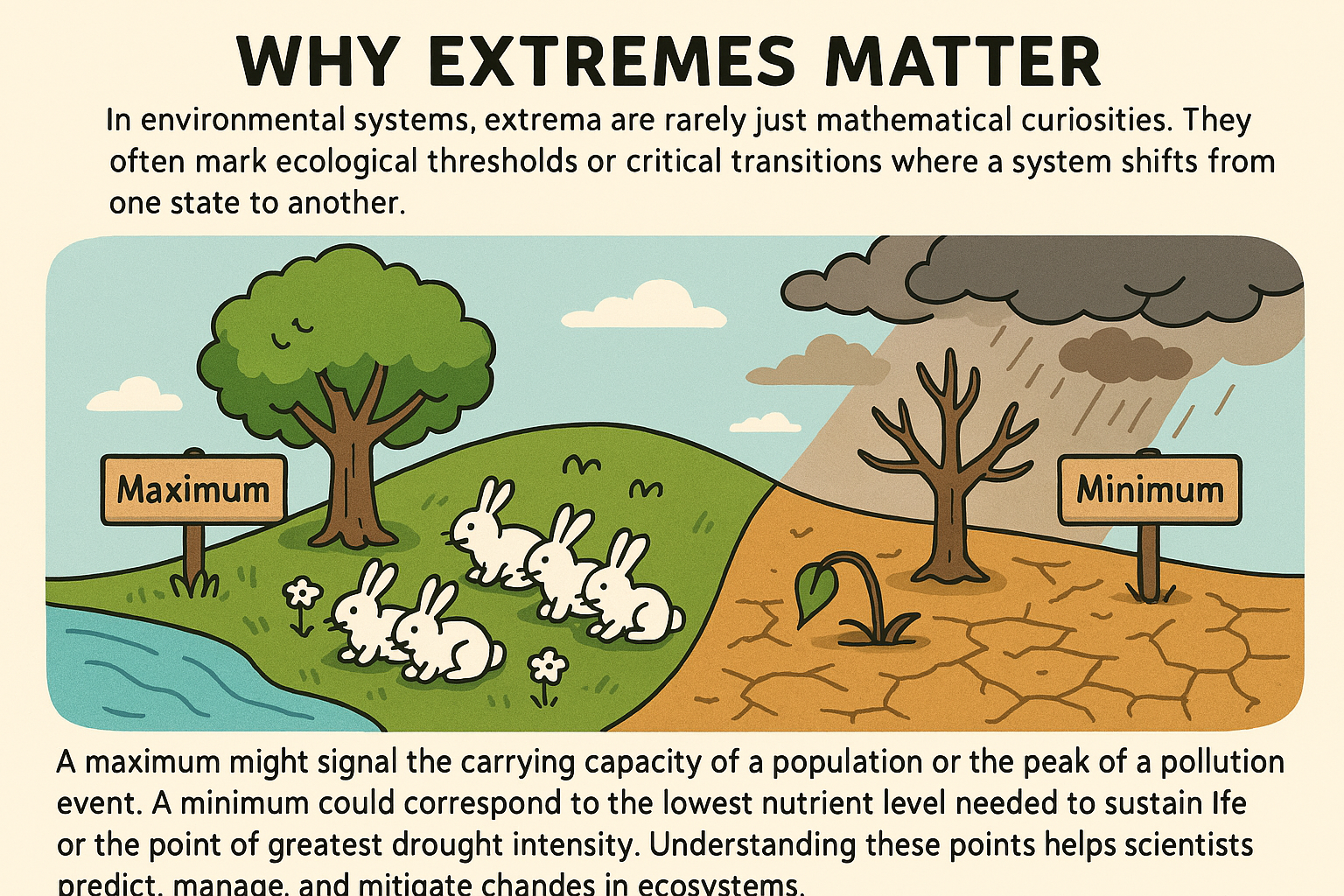 A cartoon split into two contrasting halves under the title “Why Extremes Matter.” The left side shows a lush green landscape with a large leafy tree, a flowing river, and three white rabbits sitting on grass. A wooden sign labeled “Maximum” stands near the tree. The right side depicts a barren, cracked landscape with a dead tree, a wilted plant, and dark storm clouds overhead. A wooden sign labeled “Minimum” stands near the dead tree. The center of the image forms a curved transition between the two environments, illustrating ecological extremes. Text below explains that maxima can indicate carrying capacity or peak pollution, while minima can represent nutrient scarcity or drought intensity, emphasizing the importance of understanding these points in ecosystems